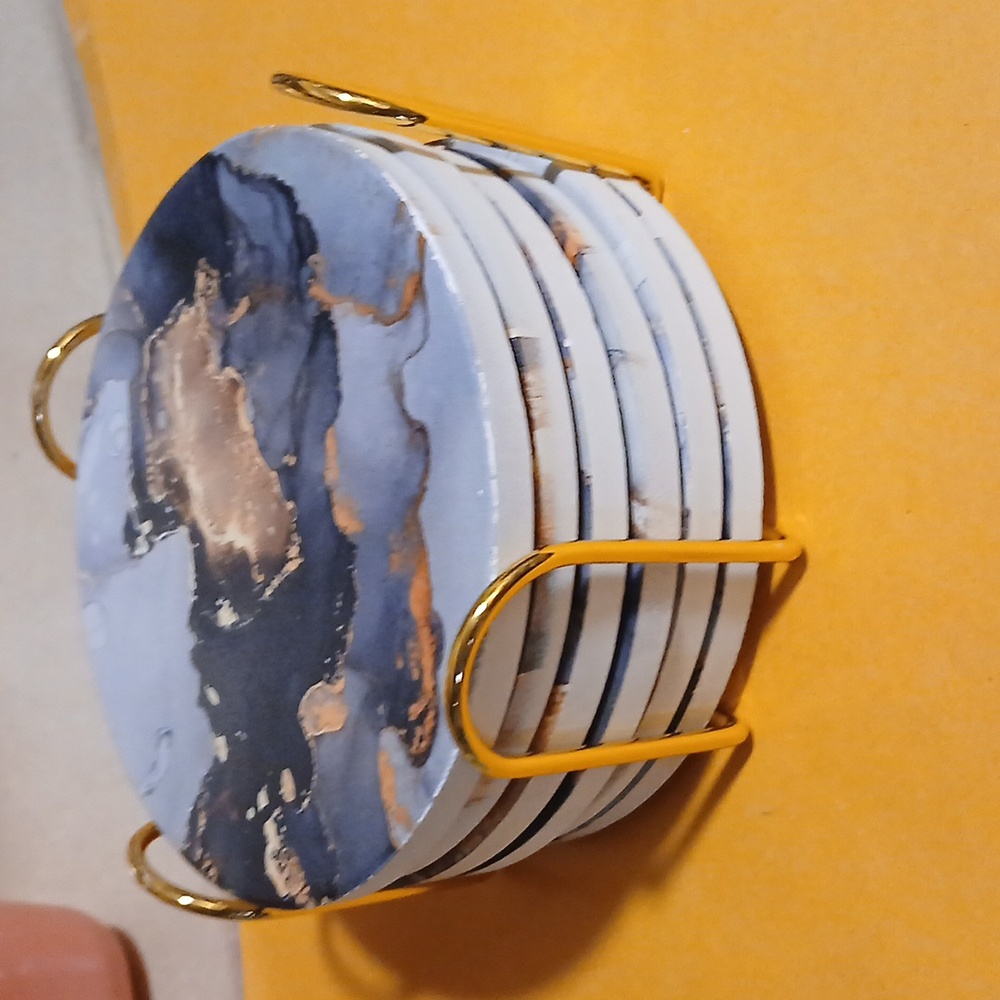 Blue and Tan Gold Marbled Ceramic Coaster Set- (Cork Bottoms)
